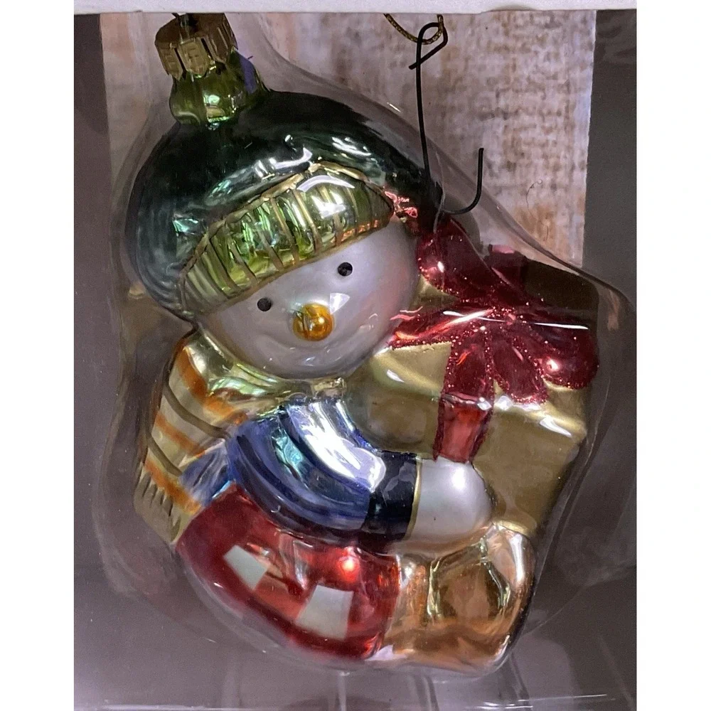 Fitz and Floyd Glass Ornament Little Snow Boy With Present Tree Decoration
